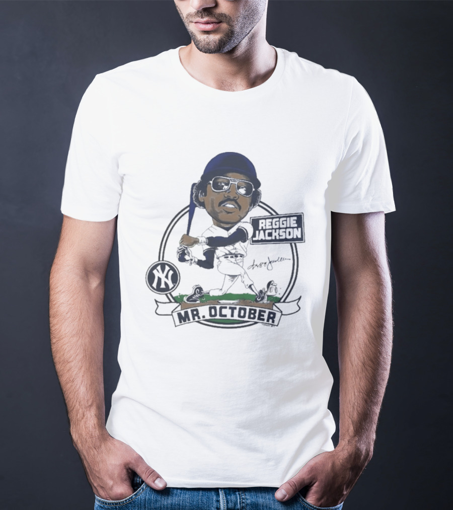 Yankees Reggie Jackson Mr. October Caricature Signature Art With NY Yankees T-Shirt