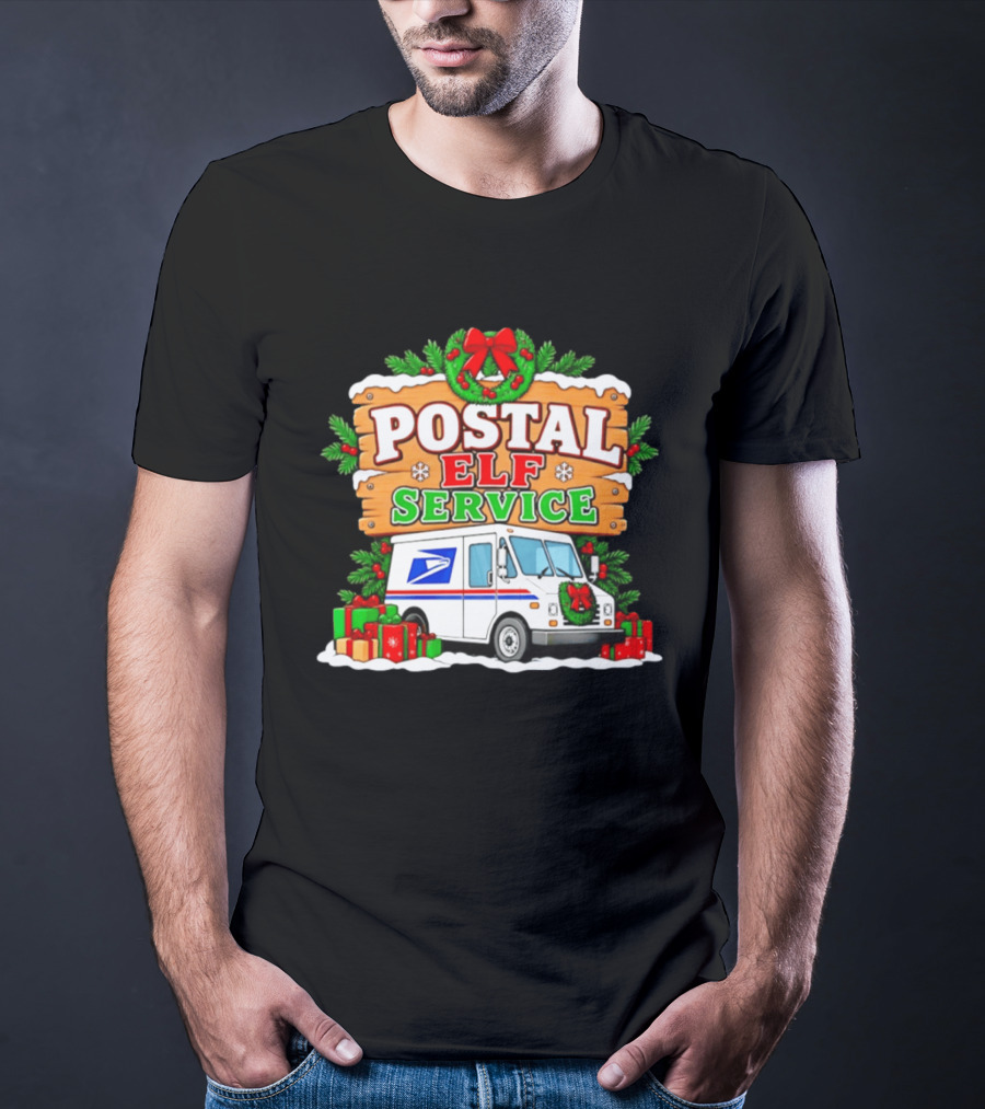 USPS Christmas Postal Elf Service Truck Wreath And Holiday Gifts T-Shirt