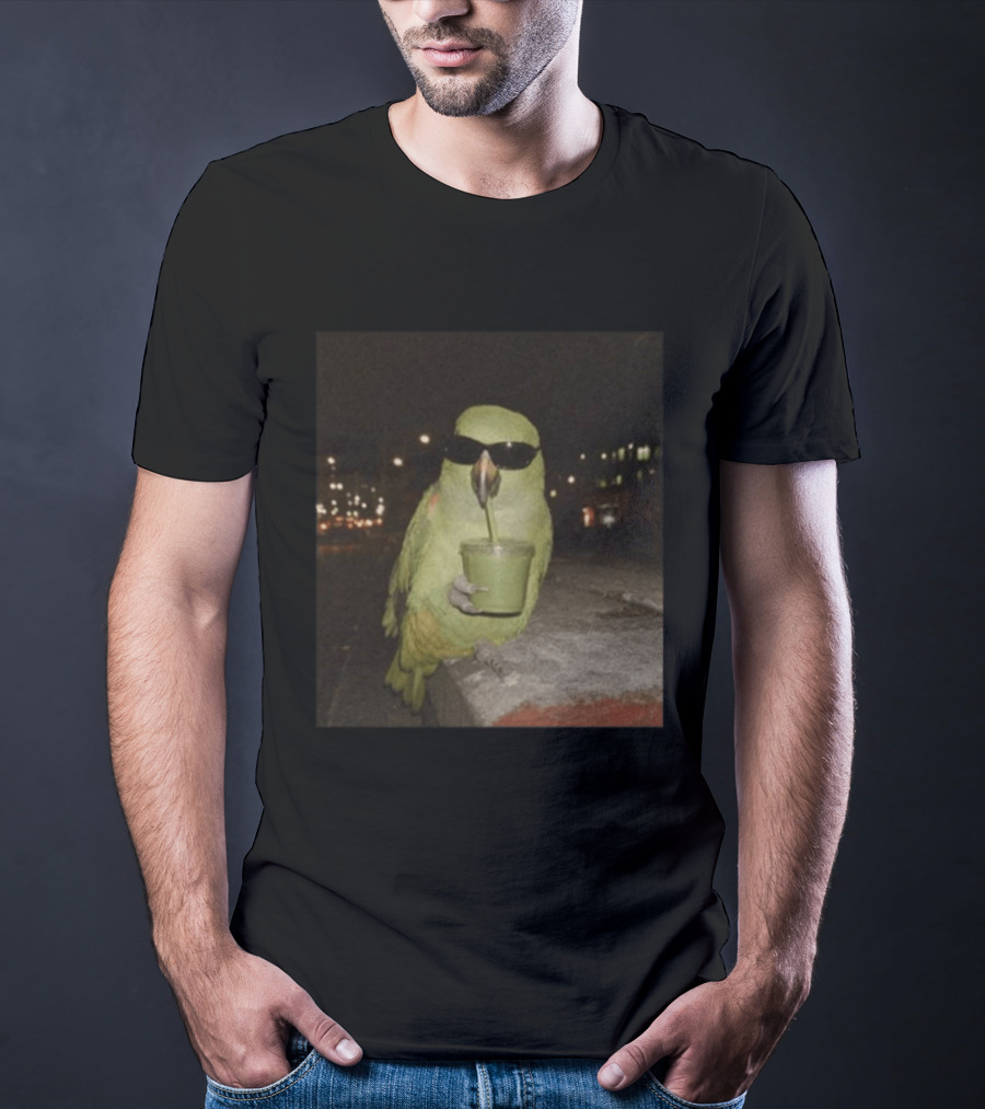 Parrot Wearing Sunglasses Enjoying Green Smoothie At Night T-Shirt