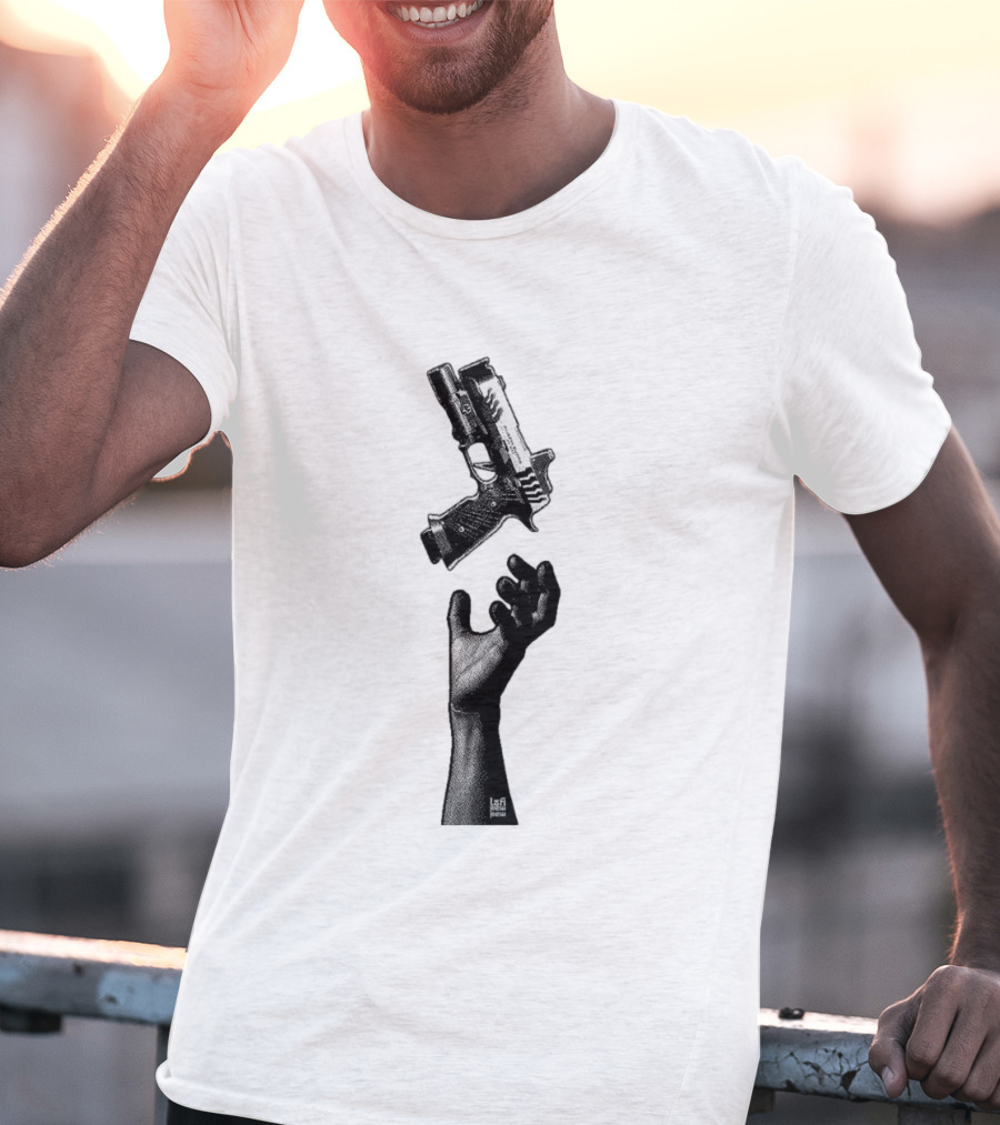 Reaching Hand Catching Handgun Pistol Stipple Gun T-Shirt
