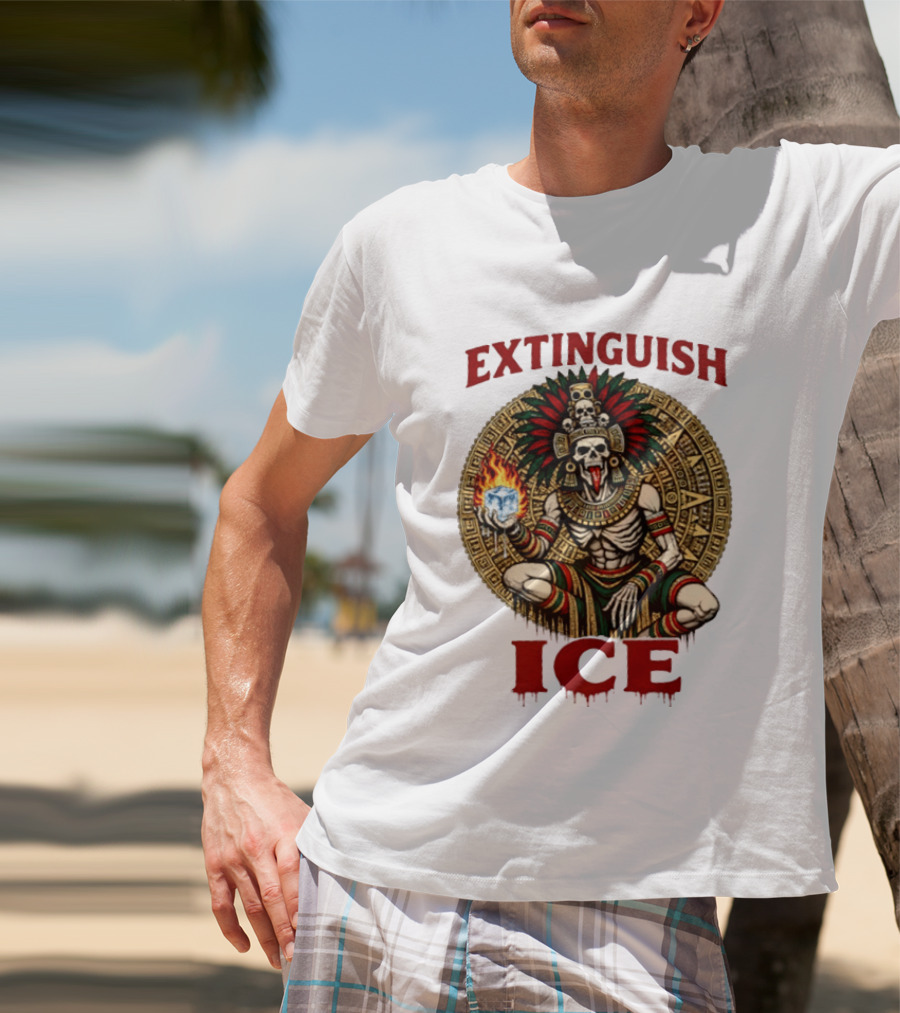Aztec Skeleton Extinguish Ice Fire Mayan T-Shirt