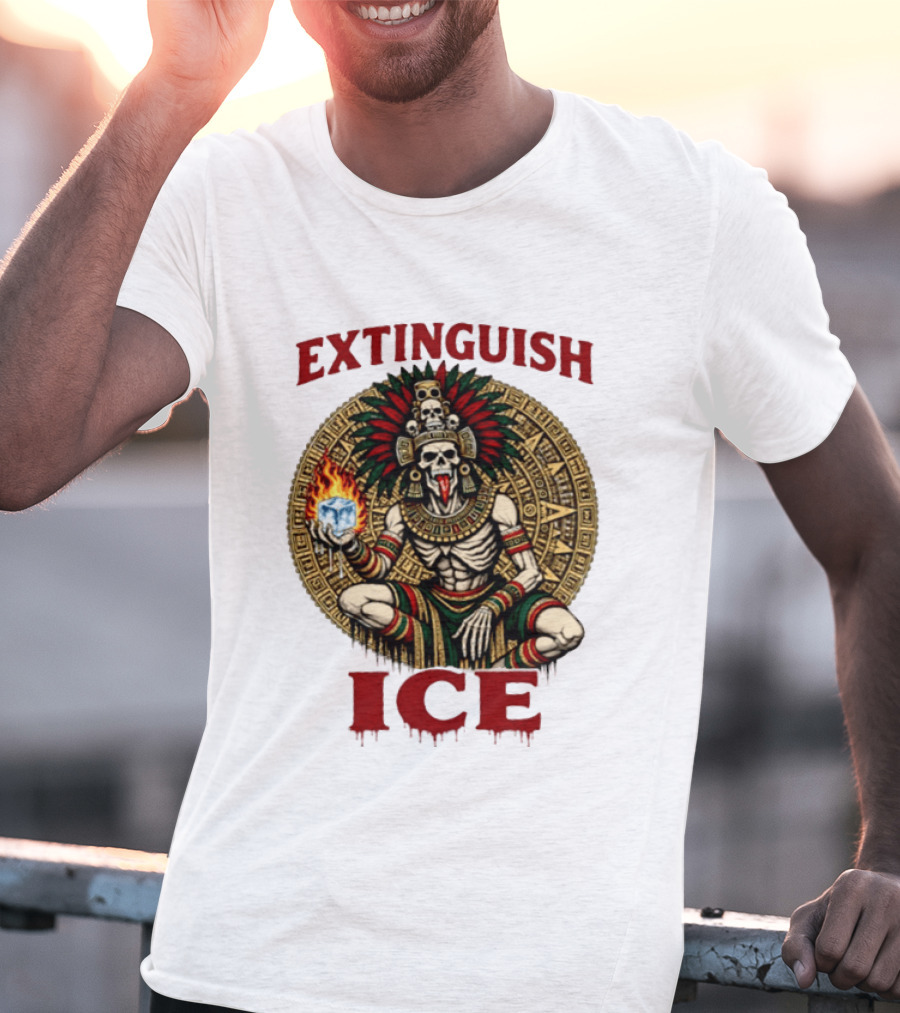 Aztec Skeleton Extinguish Ice Fire Mayan T-Shirt