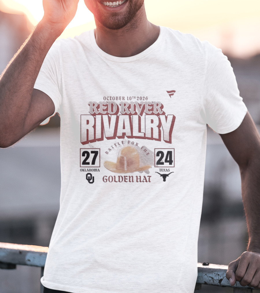 October 10th 2026 Red River Rivalry Oklahoma 27 Texas 24 Golden Hat T-Shirt