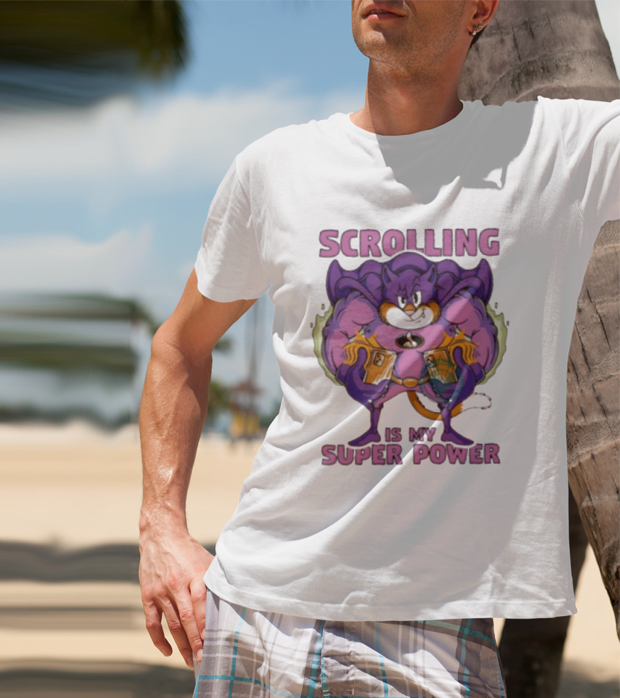 Scrolling Is My Super Power Superhero Cat Comic T-Shirt