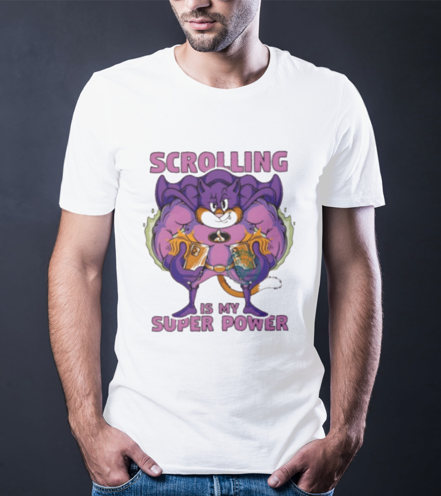 Scrolling Is My Super Power Superhero Cat Comic T-Shirt