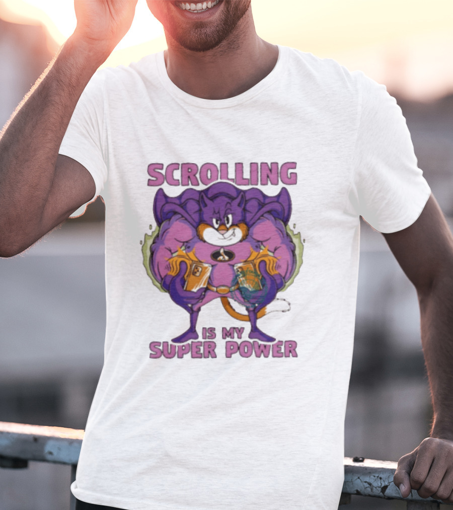 Scrolling Is My Super Power Superhero Cat Comic T-Shirt