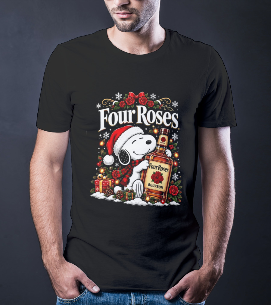 Four Roses Christmas 2026 Bourbon Snoopy Santa Hat Festive Cheer T-Shirt
