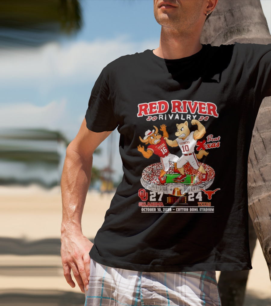 Red River Rivalry 2026 Oklahoma Sooners 27 Texas 24 October 10 Cotton Bowl Stadium T-Shirt