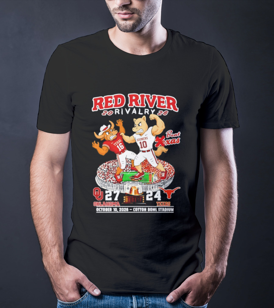 Red River Rivalry 2026 Oklahoma Sooners 27 Texas 24 October 10 Cotton Bowl Stadium T-Shirt