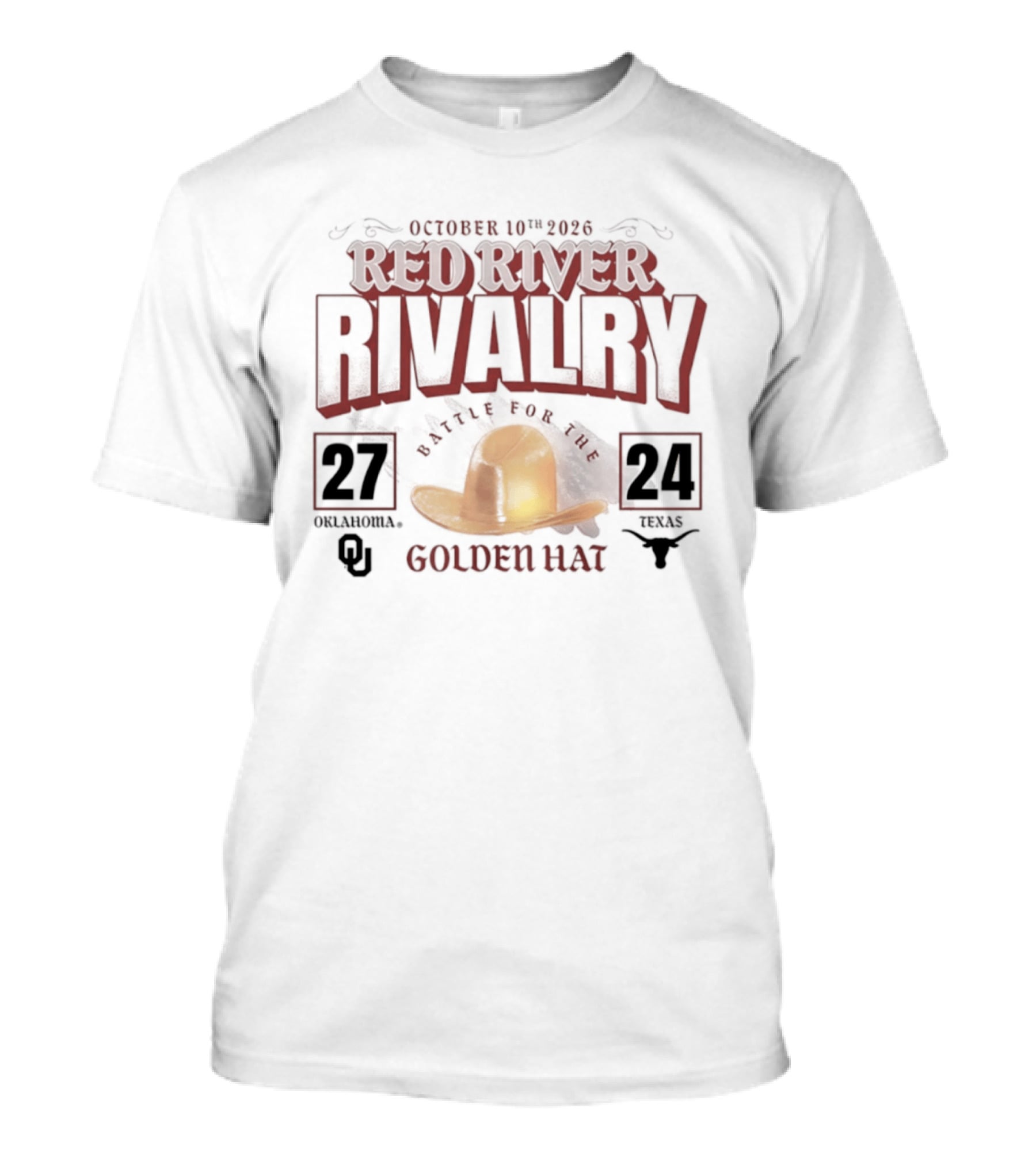 October 10th 2026 Red River Rivalry Oklahoma 27 Texas 24 Golden Hat T-Shirt