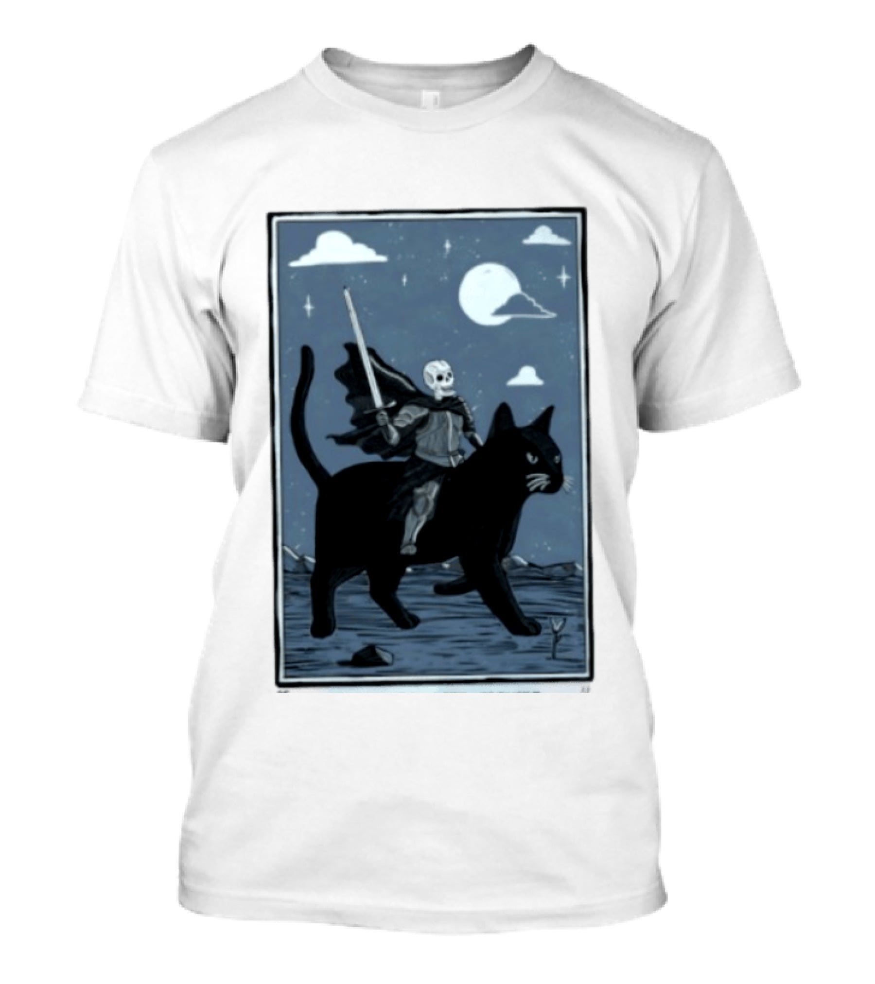 Skeleton Knight On Black Cat Under Moon And Stars Idle Hands Invite Mischief T-Shirt