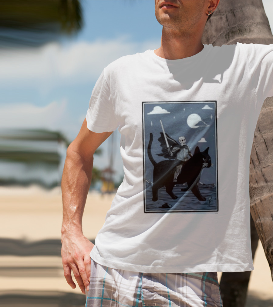 Skeleton Knight On Black Cat Under Moon And Stars Idle Hands Invite Mischief T-Shirt