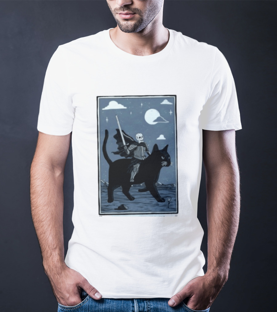 Skeleton Knight On Black Cat Under Moon And Stars Idle Hands Invite Mischief T-Shirt