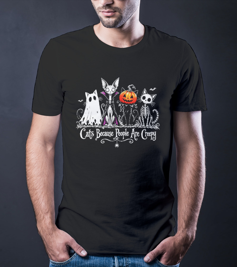 Cats Because People Are Creepy Halloween Cat Pumpkin Skeleton T-Shirt