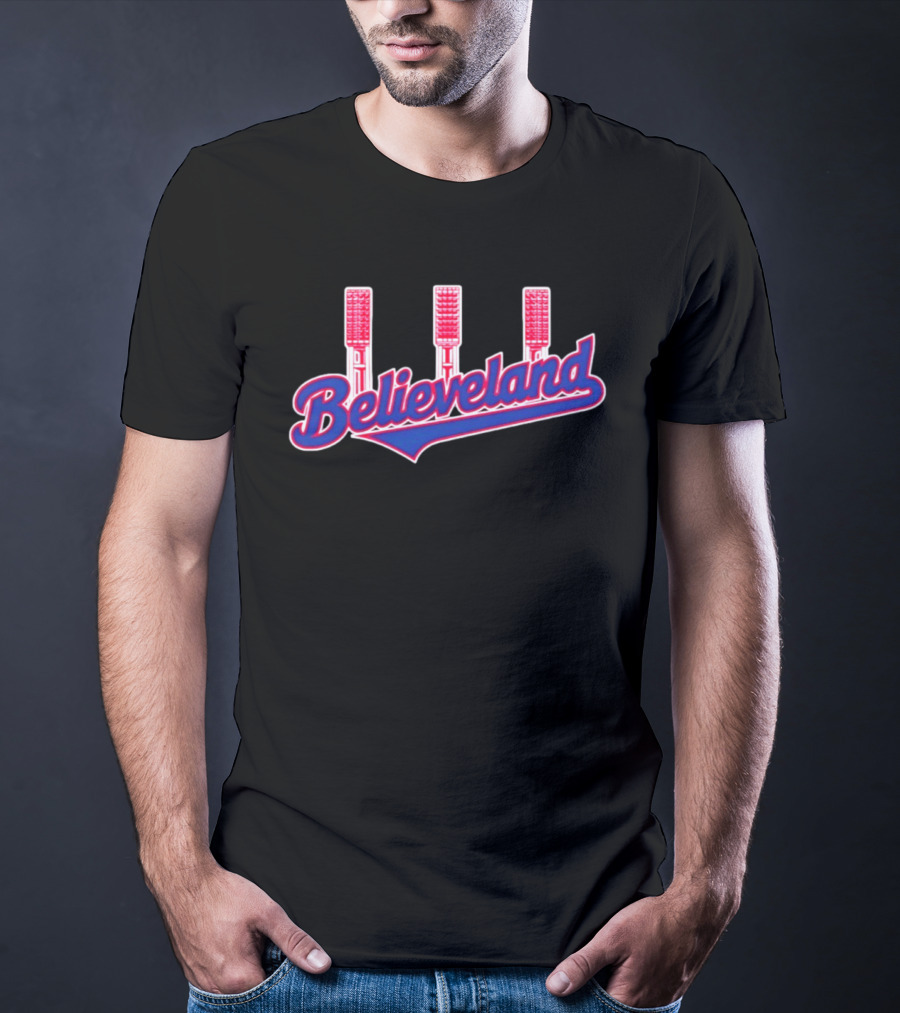Cleveland Guardians Believeland City Skyline With Retro Baseball Bat Landmarks T-Shirt