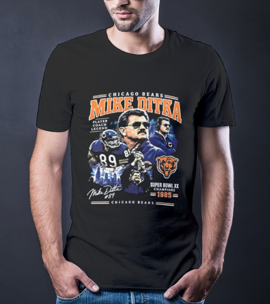 Chicago Bears Mike Ditka 89 Player Coach Legend 1985 Football 2 Sided T-Shirt