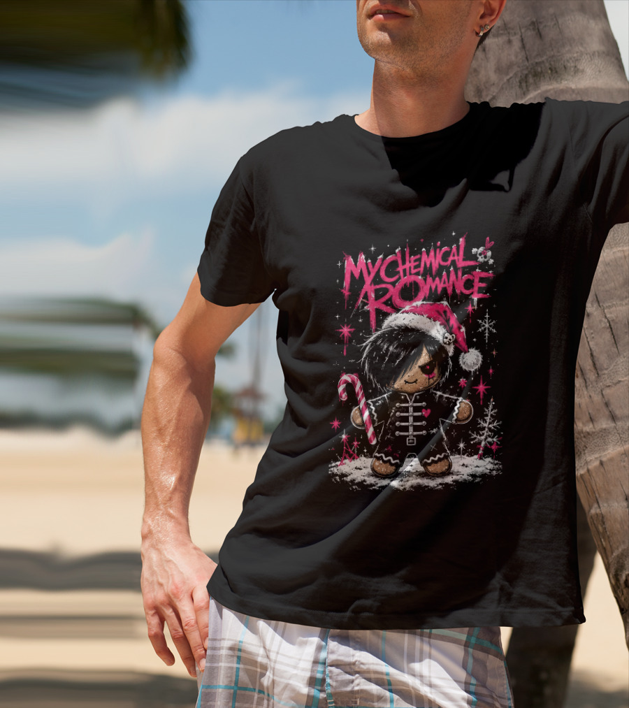 My Chemical Romance Emo Gingerbread Man Pink Christmas Parade With Candy Cane Santa Hat T-Shirt