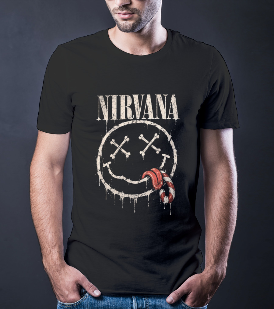Nirvana Skeleton Smiley Candy Cane Christmas For Grunge Rock Lovers T-Shirt