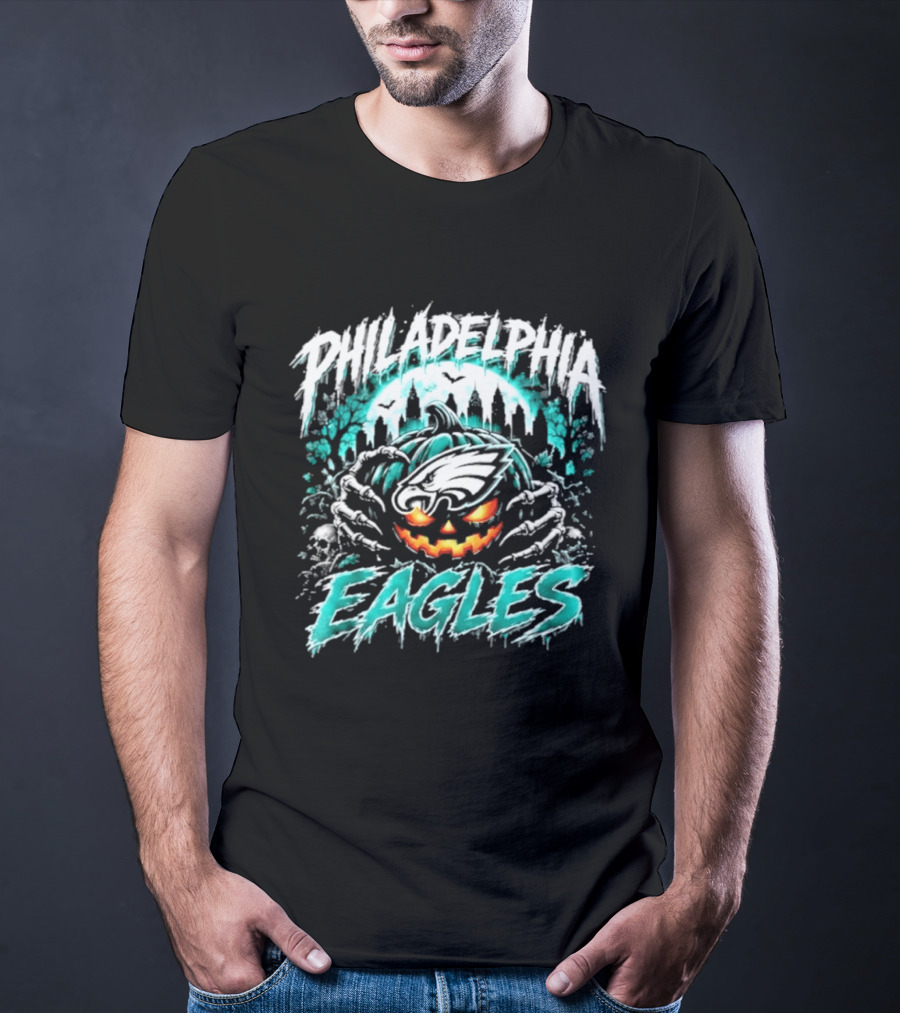 Philadelphia Eagles Halloween Pumpkin City Skyline Spooky T-Shirt