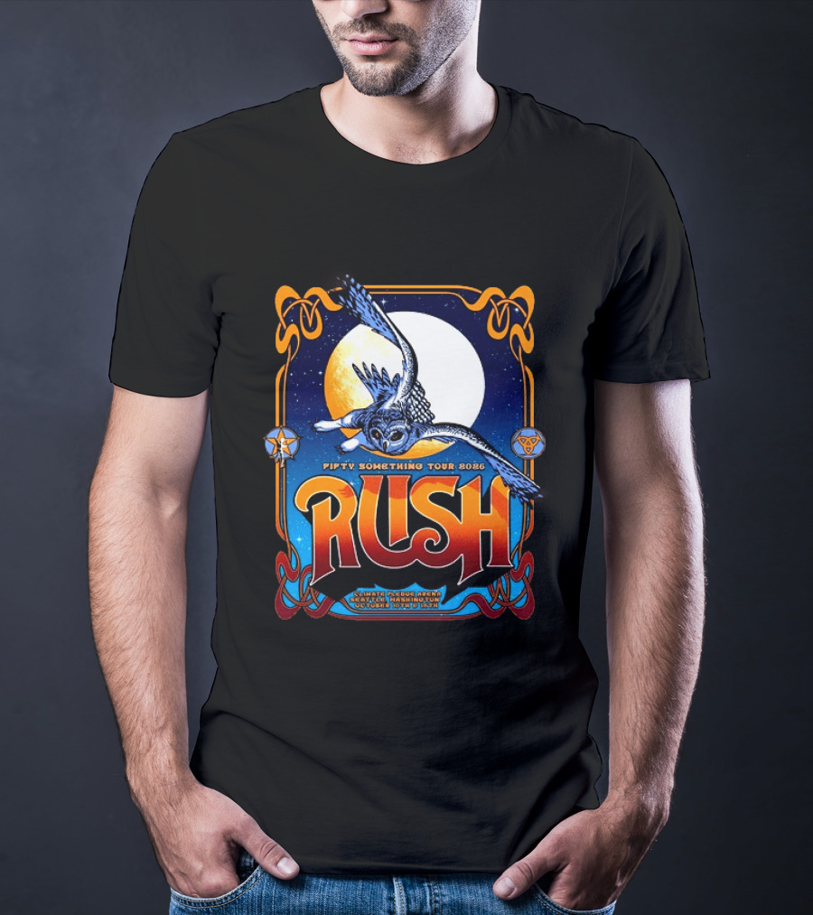 Rush Fifty Something Tour 2026 Seattle WA Climate Pledge Arena October 10th 12th Owl Lithograph T-Shirt