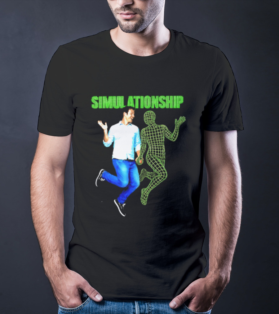 Simulationship Simulation Glitch Digital Jumping Man And Wireframe Figure T-Shirt
