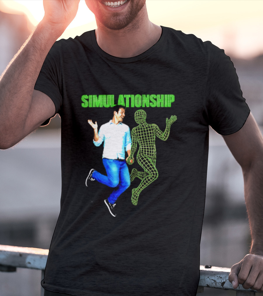 Simulationship Simulation Glitch Digital Jumping Man And Wireframe Figure T-Shirt