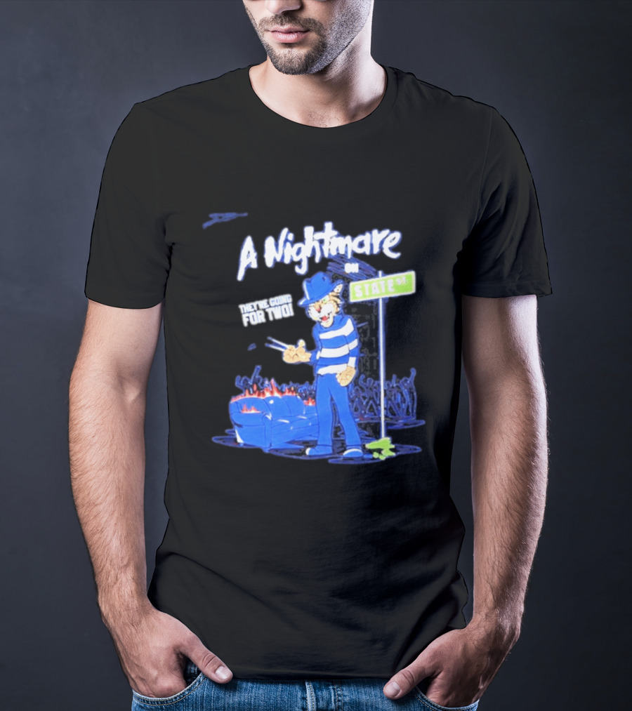 A Nightmare On State St They're Going For Two Cat Character In Blue And White Stripes T-Shirt