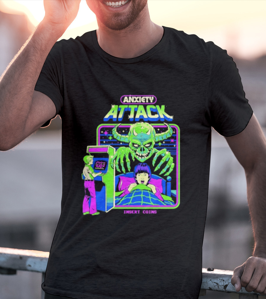 Retro Anxiety Attack Arcade Game Monster Steven Rhodes T-Shirt
