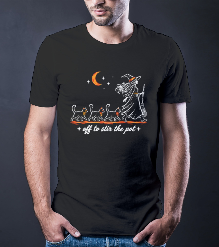 Off To Stir The Pot Witch Black Cats Halloween Moon Magic T-Shirt
