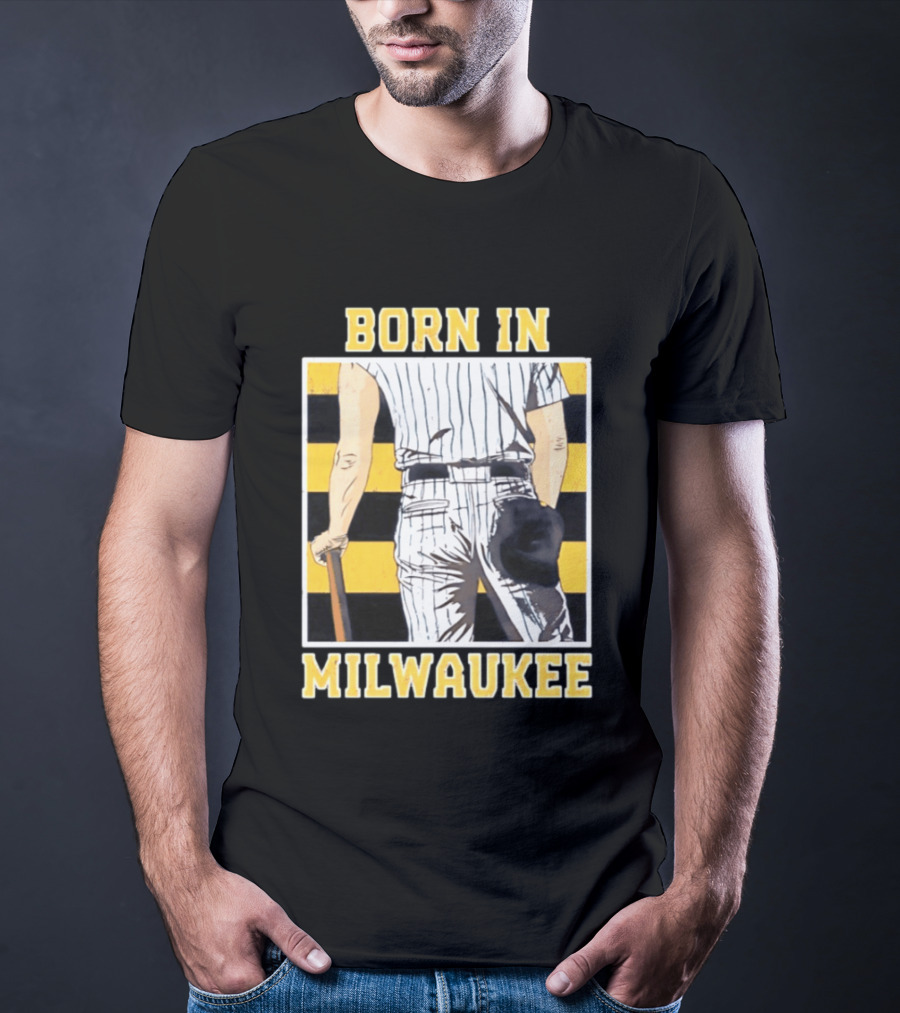 Born In Milwaukee Baseball Vintage Stripes Player Holding Cap T-Shirt