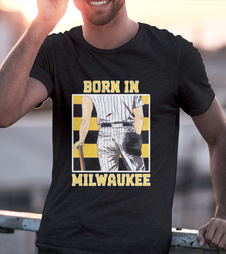 Born In Milwaukee Baseball Vintage Stripes Player Holding Cap T-Shirt