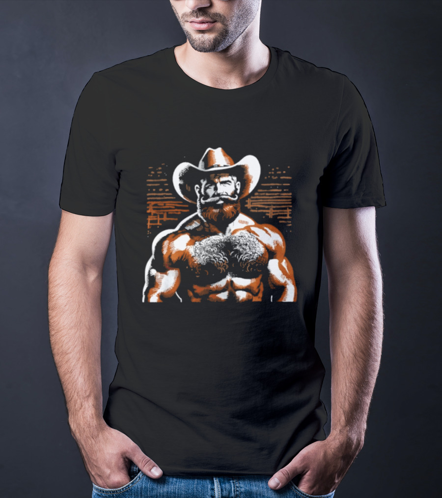 Hairy Cowboy Western Mustache Bearded Man Muscular Rancher T-Shirt