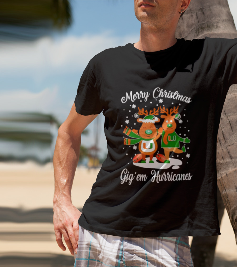 Merry Christmas Gig'em Hurricanes Miami NCAA Football 2026 Reindeer Sports Fan Holiday T-Shirt