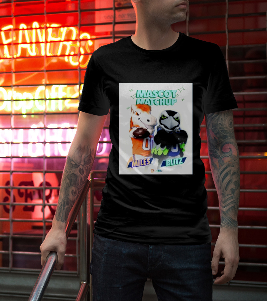 Mascot Matchup Miles Vs Blitz Denver Broncos Seattle Seahawks 2026 T-Shirt