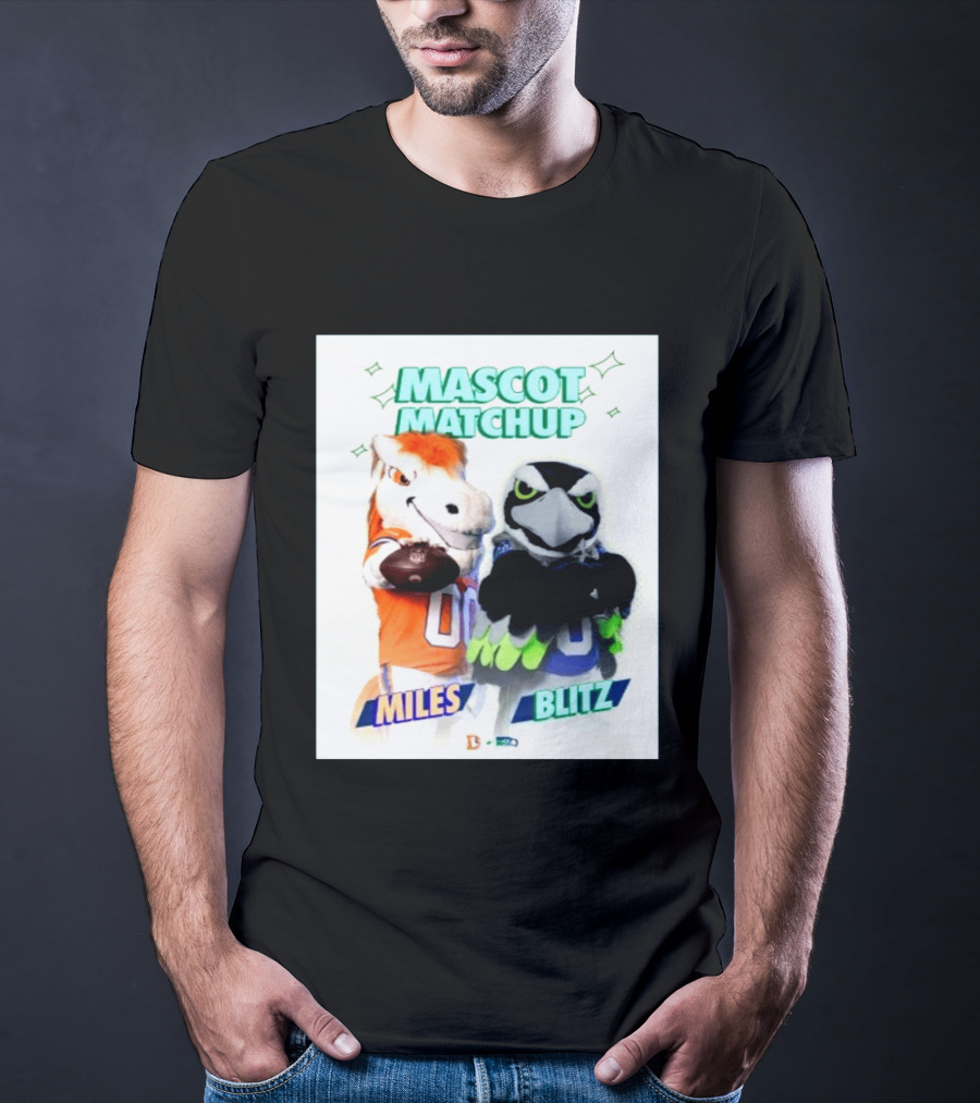 Mascot Matchup Miles Vs Blitz Denver Broncos Seattle Seahawks 2026 T-Shirt