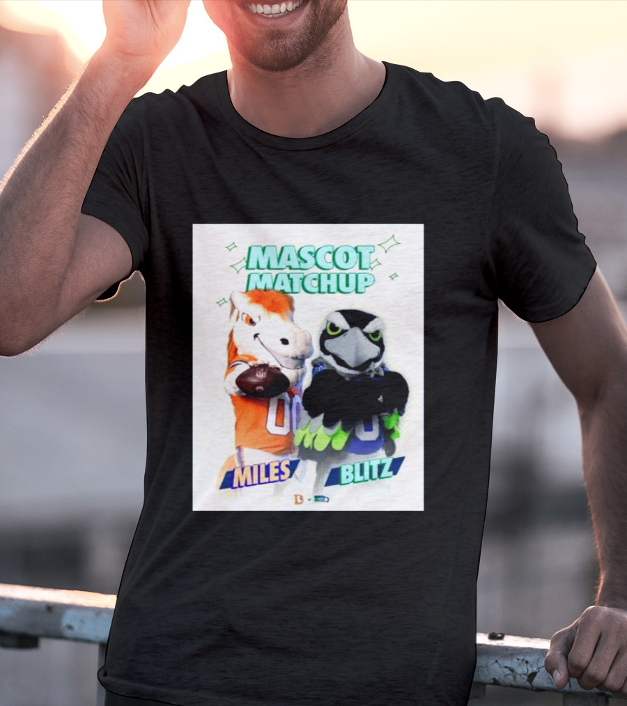 Mascot Matchup Miles Vs Blitz Denver Broncos Seattle Seahawks 2026 T-Shirt