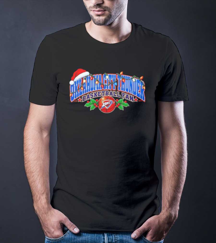 Oklahoma City Thunder Basketball Fan Santa Hat Christmas Lights T-Shirt