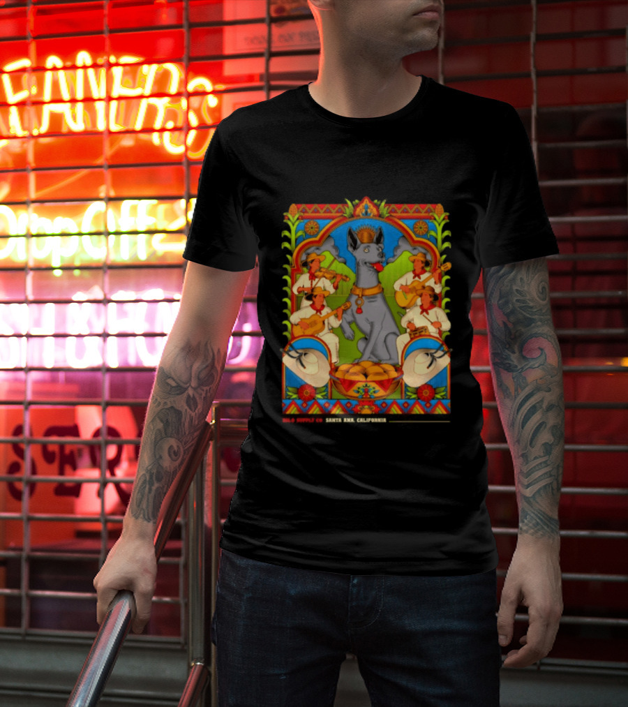 Xolo Supply Co Santa Ana California Xoloitzcuintli Vintage Mexican Art With Musicians And Dog T-Shirt