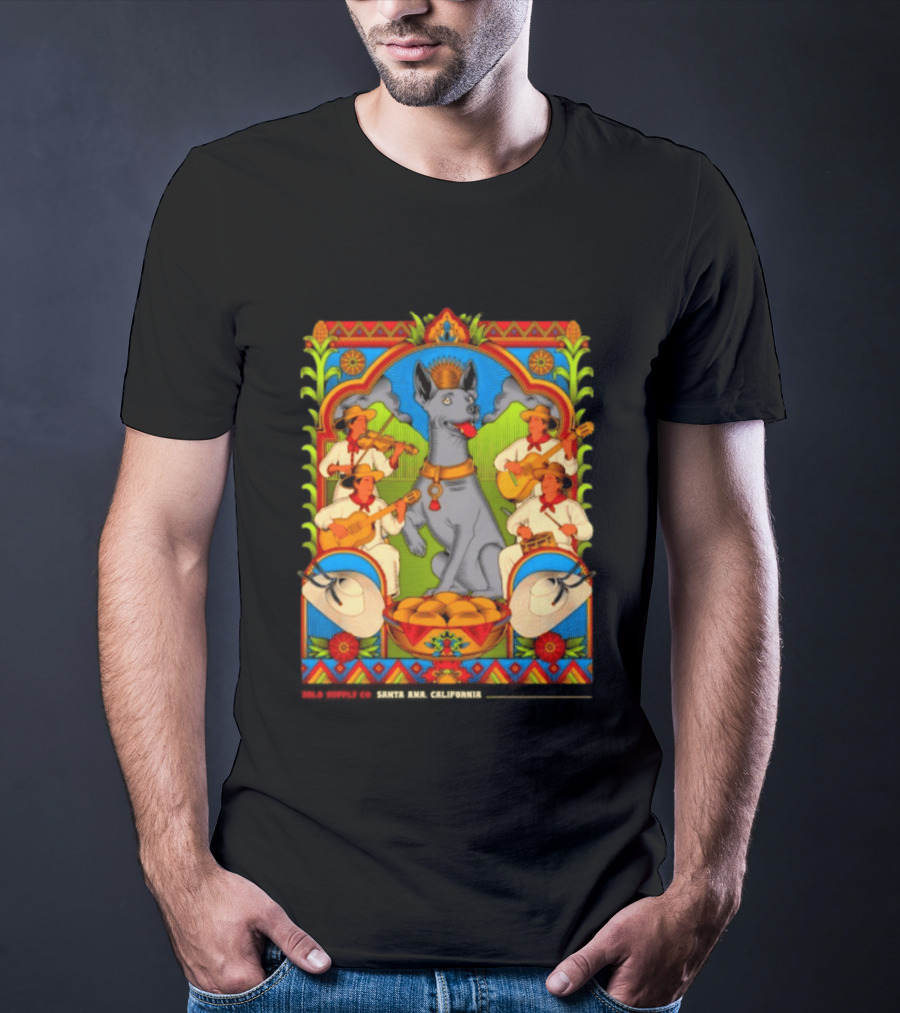 Xolo Supply Co Santa Ana California Xoloitzcuintli Vintage Mexican Art With Musicians And Dog T-Shirt