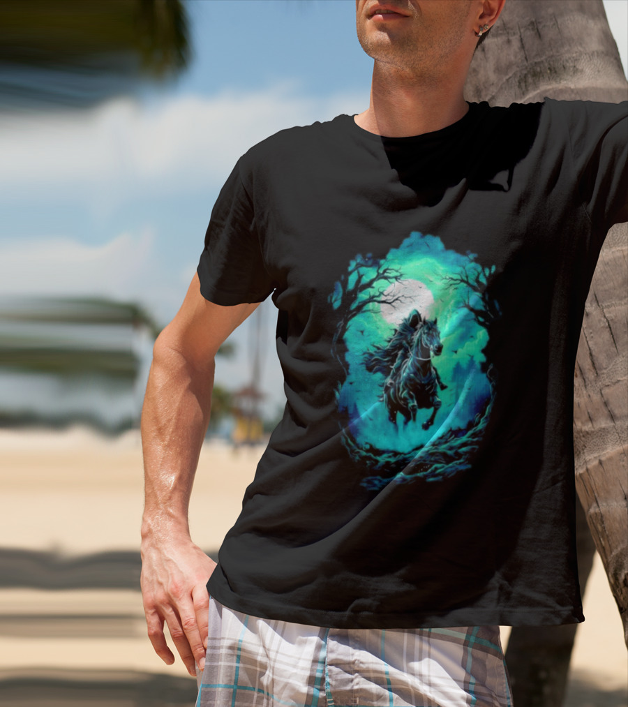 Shadow Rider Dark Fantasy Horse Moon Gothic Scene With Rider And Trees T-Shirt