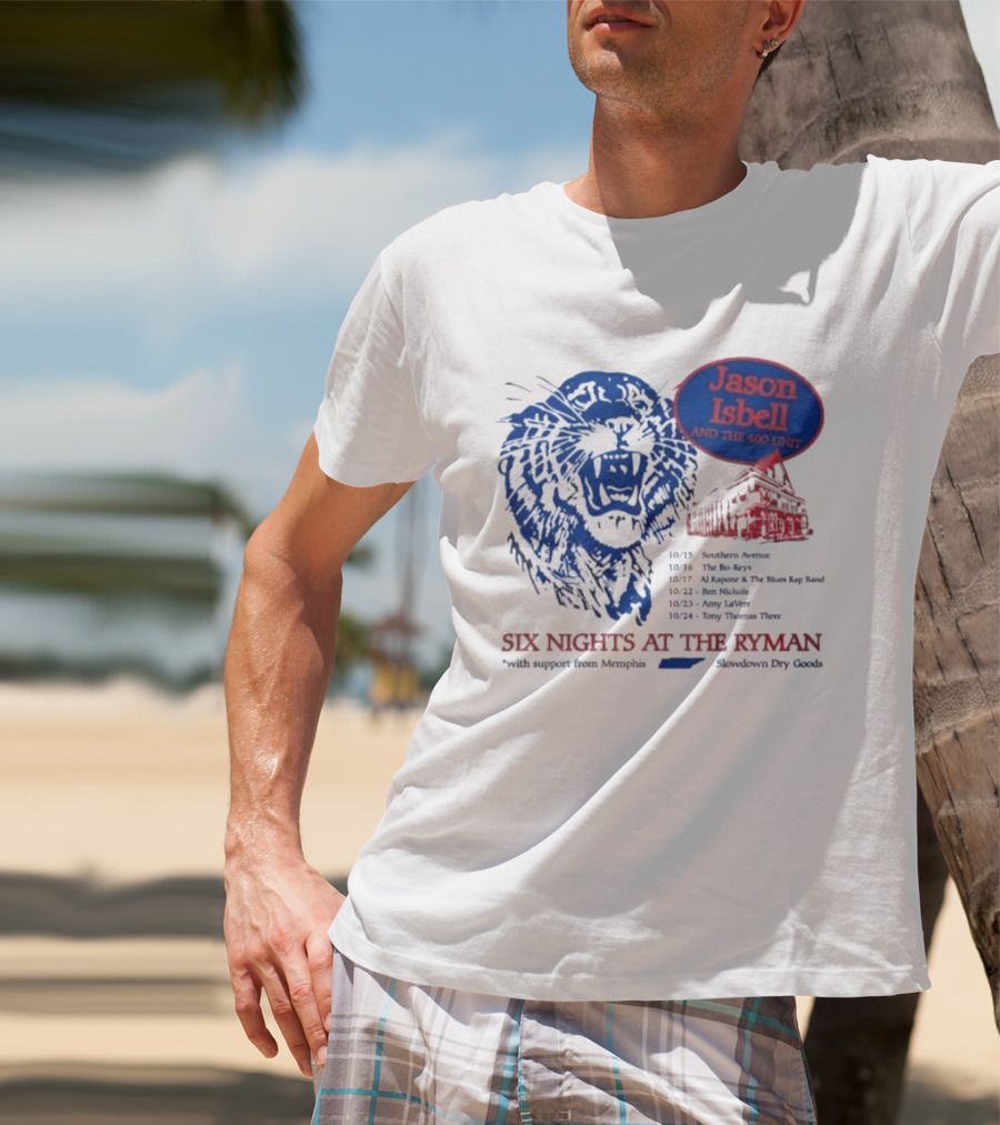 Jason Isbell And The 400 Unit Six Nights At The Ryman 2026 Tour Dates Lion And Ryman Auditorium Artwork Memphis Shakedown City Goods T-Shirt