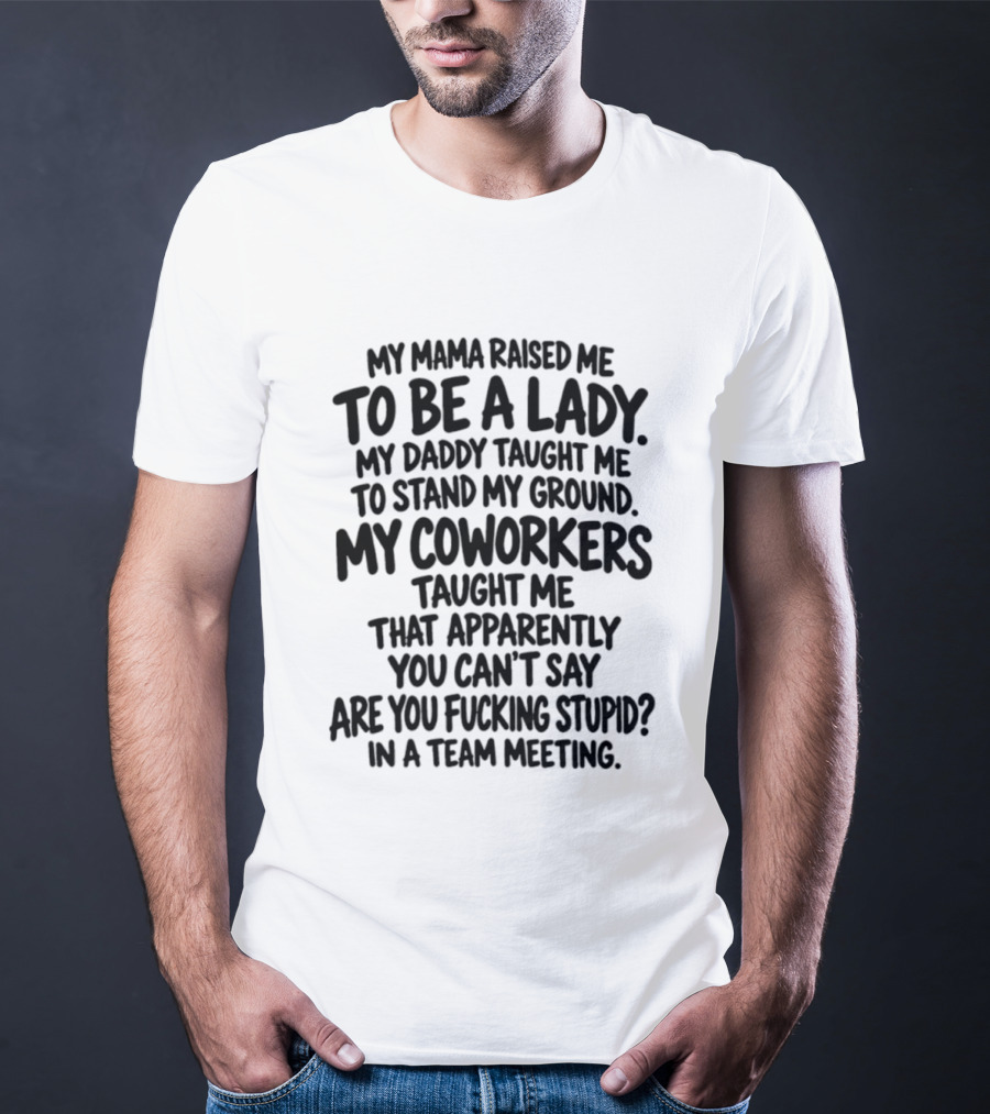 My Mama Raised Me To Be A Lady My Daddy Taught Me To Stand My Ground My Coworkers Taught Me You Can't Say Are You Stupid In A Team Meeting T-Shirt