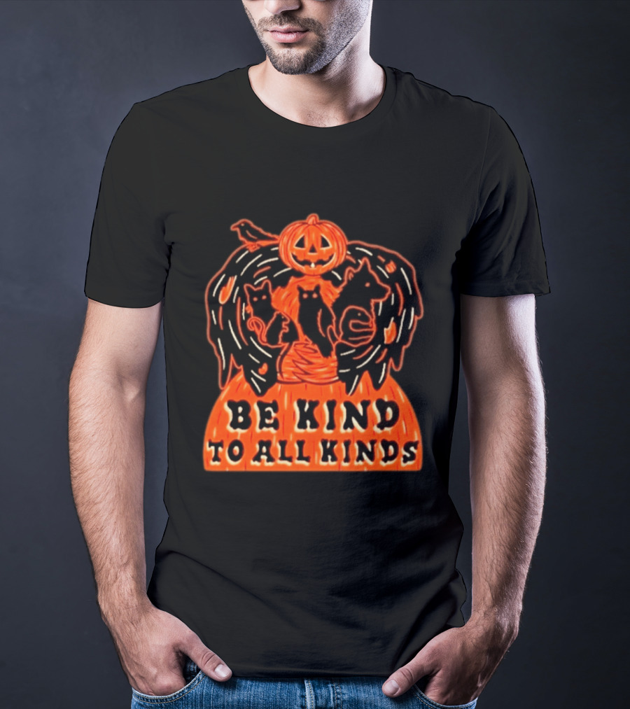 Be Kind To All Kinds Halloween 2026 Pumpkin Animals With Cats And Crow T-Shirt