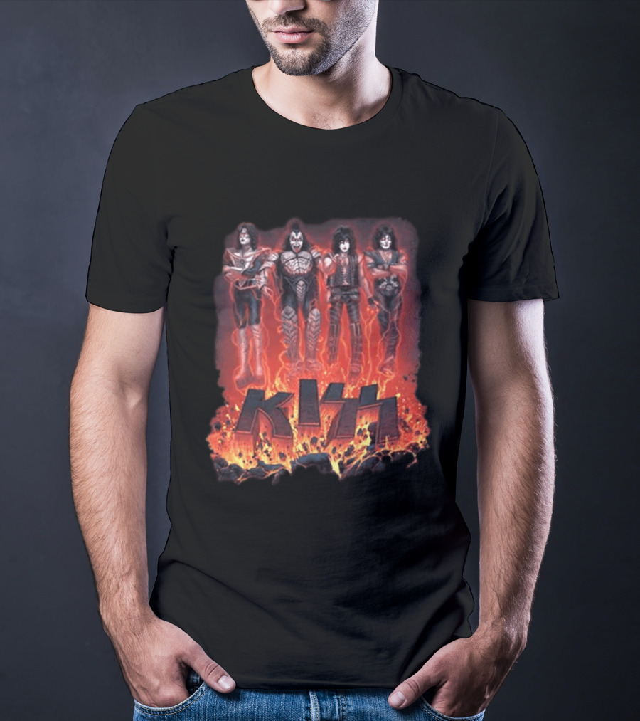 Kiss Halloween 2026 Conjuring Flames Band Members Standing Above Fire T-Shirt