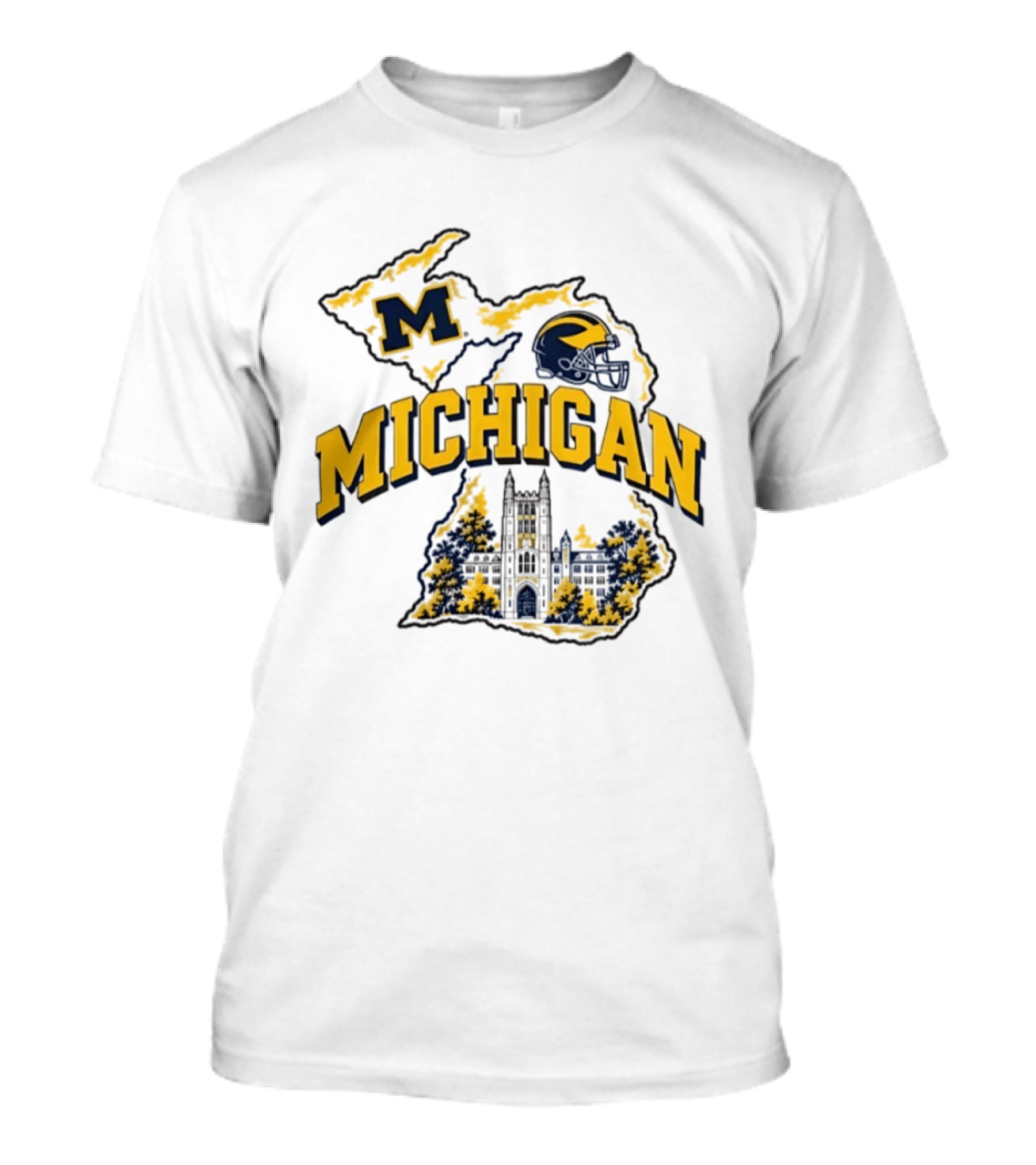Michigan Wolverines NCAA Football Helmet Map And Building T-Shirt