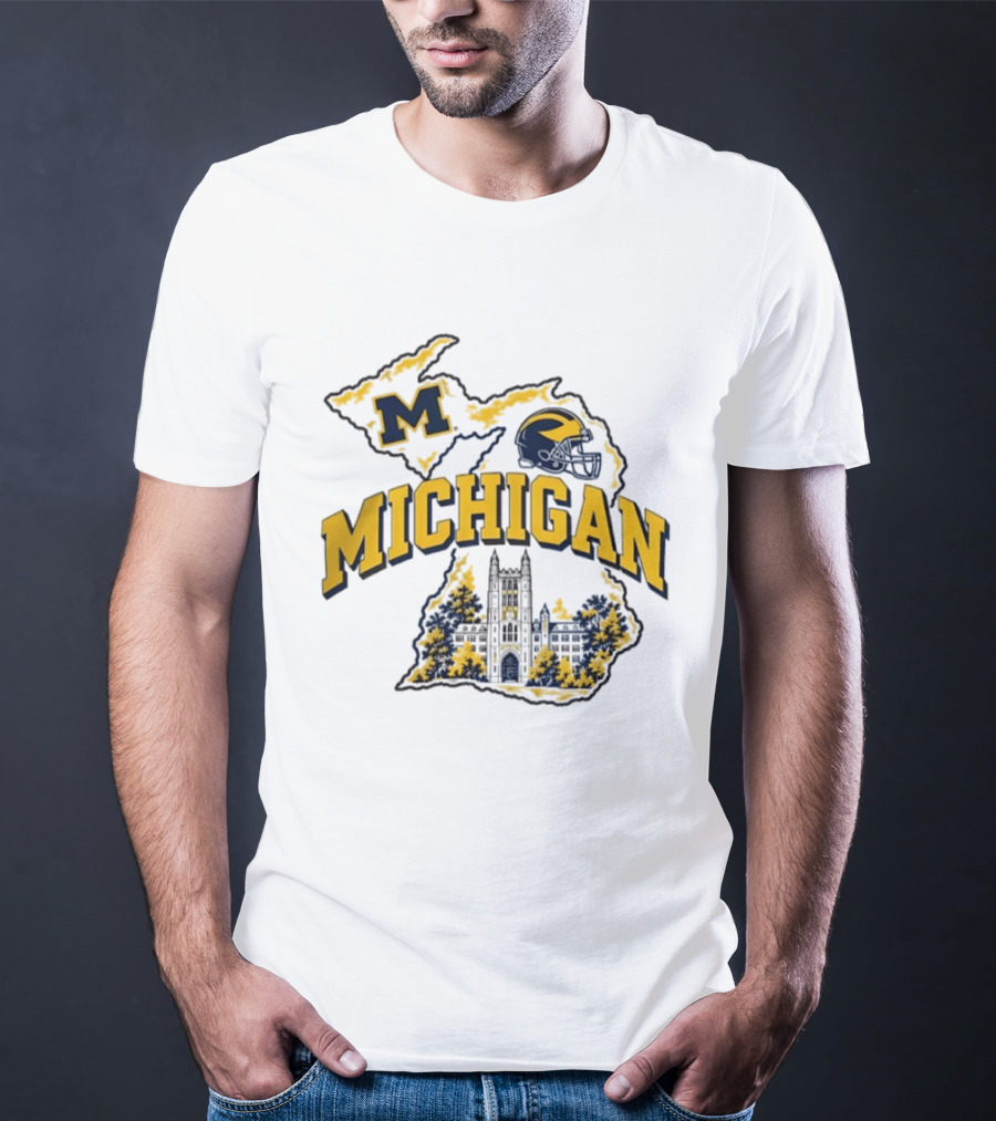 Michigan Wolverines NCAA Football Helmet Map And Building T-Shirt