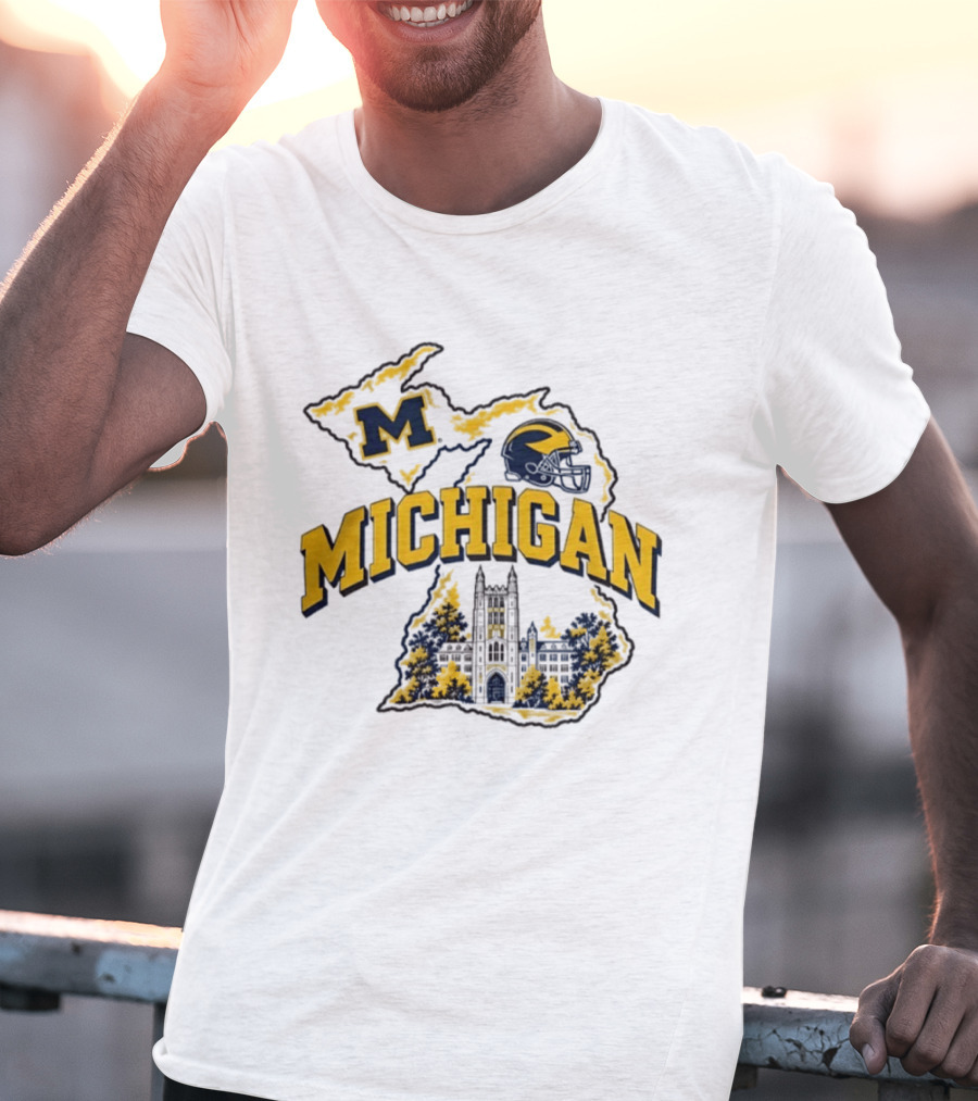 Michigan Wolverines NCAA Football Helmet Map And Building T-Shirt