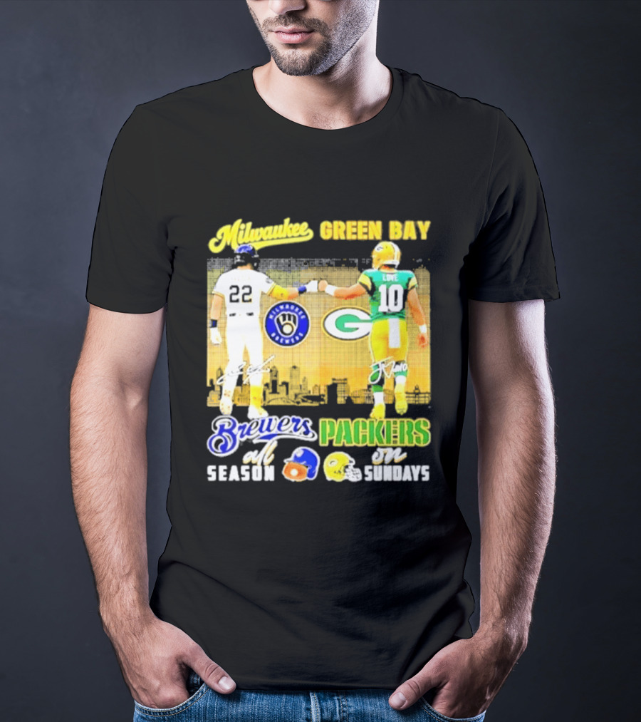 Milwaukee Brewers Green Bay Packers All Season Sundays Players Signatures T-Shirt