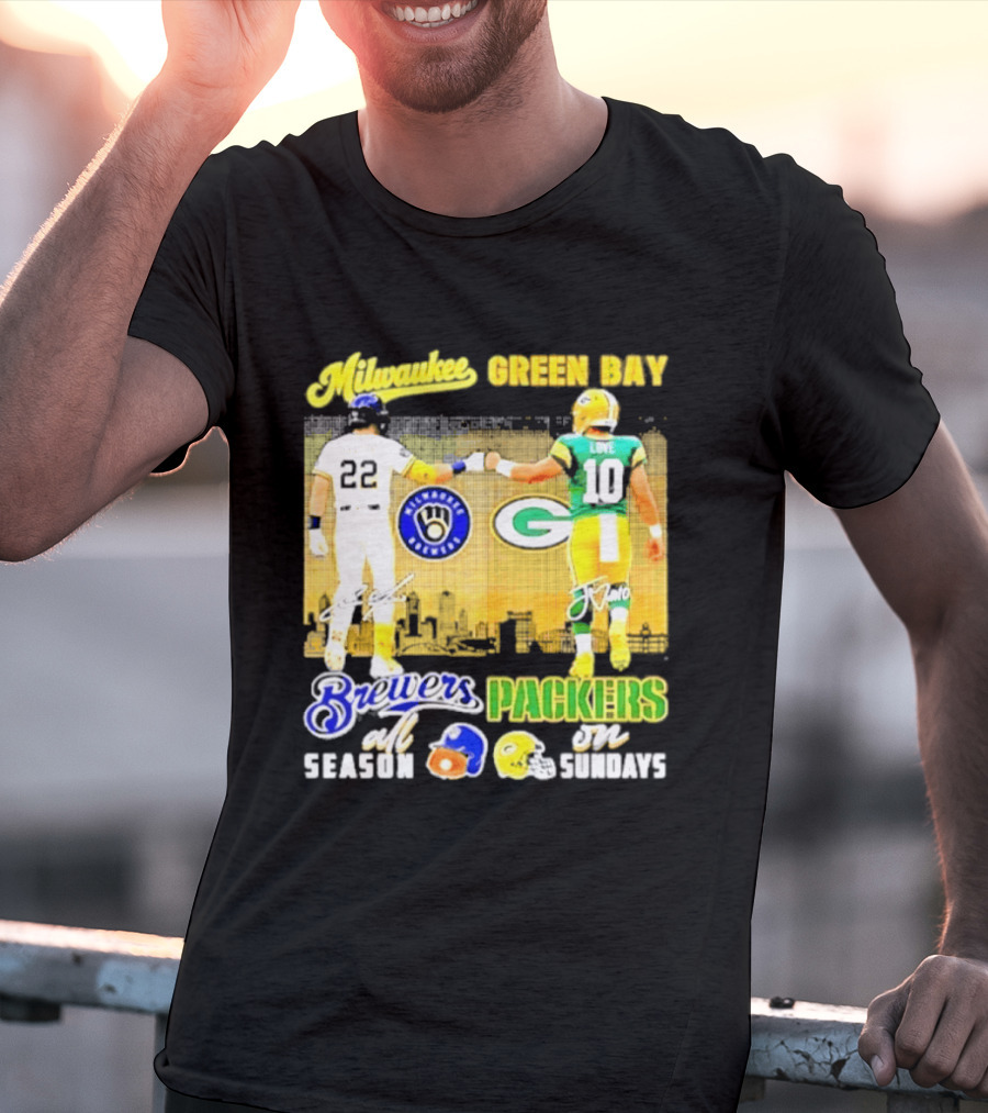 Milwaukee Brewers Green Bay Packers All Season Sundays Players Signatures T-Shirt