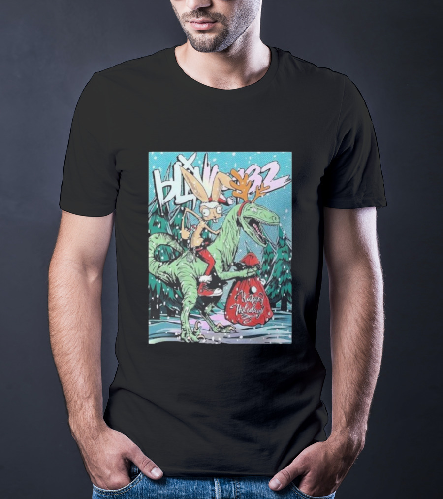 Blink 182 Merry Xmas Rabbit Riding Velociraptor Happy Holidays T-Shirt